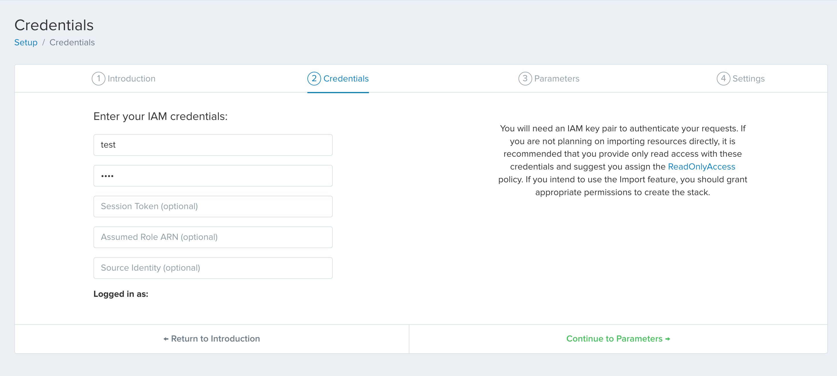 Enter test credentials on Former2 Dashboard